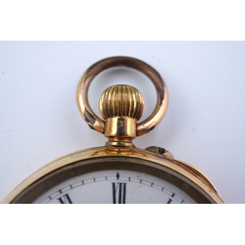 62 - A continental 18k gold open faced keyless lever pocket watch, with a 9ct albert, the watch with Roma... 