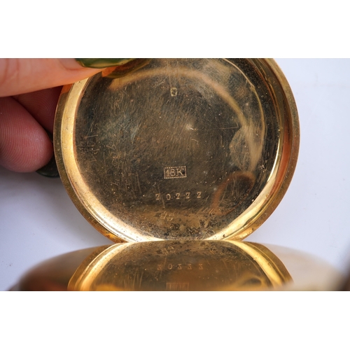 62 - A continental 18k gold open faced keyless lever pocket watch, with a 9ct albert, the watch with Roma... 