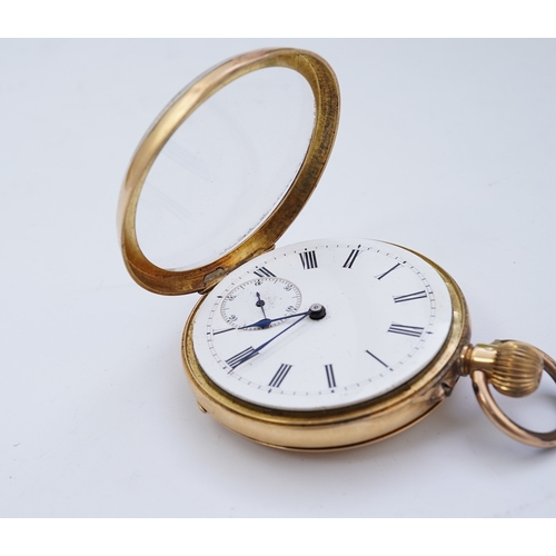 62 - A continental 18k gold open faced keyless lever pocket watch, with a 9ct albert, the watch with Roma... 