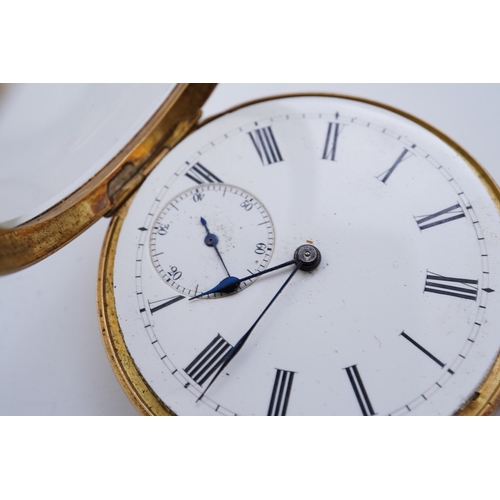 62 - A continental 18k gold open faced keyless lever pocket watch, with a 9ct albert, the watch with Roma... 