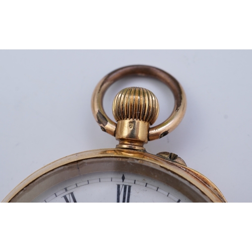 62 - A continental 18k gold open faced keyless lever pocket watch, with a 9ct albert, the watch with Roma... 