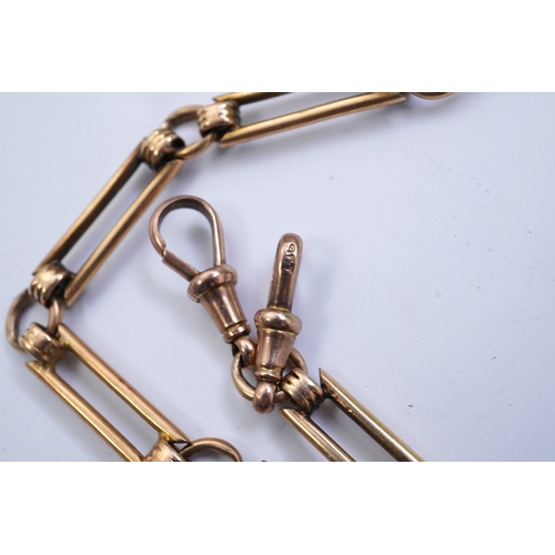 62 - A continental 18k gold open faced keyless lever pocket watch, with a 9ct albert, the watch with Roma... 