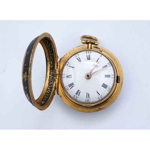 64 - An 18th century gilt metal and leather pair cased key wind verge pocket watch by Samuel Adams, Broml... 