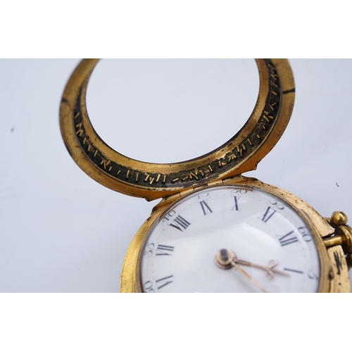 64 - An 18th century gilt metal and leather pair cased key wind verge pocket watch by Samuel Adams, Broml... 