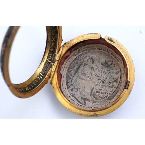 64 - An 18th century gilt metal and leather pair cased key wind verge pocket watch by Samuel Adams, Broml... 