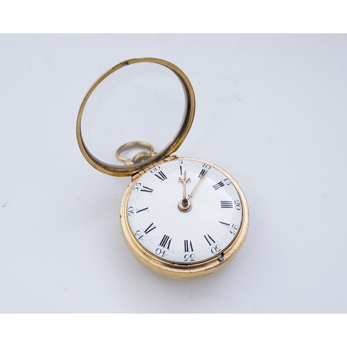 64 - An 18th century gilt metal and leather pair cased key wind verge pocket watch by Samuel Adams, Broml... 