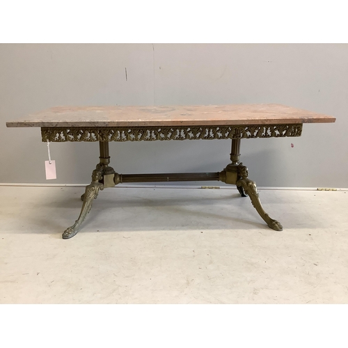 47 - A rectangular marble topped brass coffee table, width 117cm, depth 58cm, height 46cm. Condition - go... 
