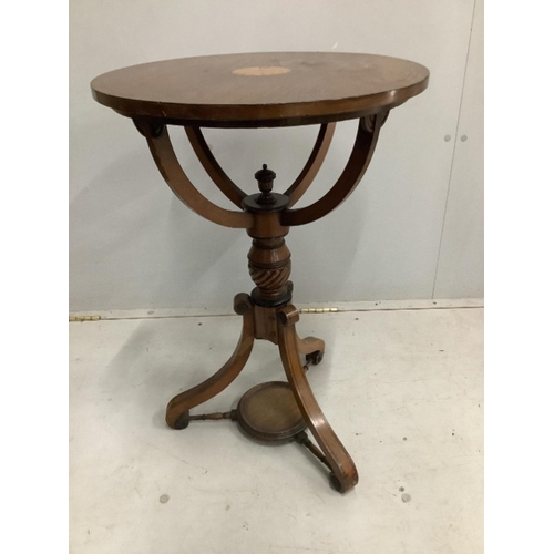 104 - A 19th century and later inlaid mahogany circular occasional table, adapted from a globe stand, diam... 