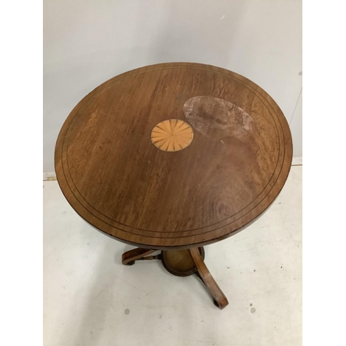 104 - A 19th century and later inlaid mahogany circular occasional table, adapted from a globe stand, diam... 