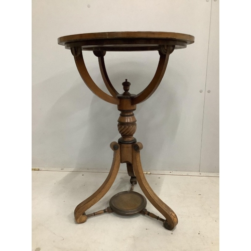 104 - A 19th century and later inlaid mahogany circular occasional table, adapted from a globe stand, diam... 