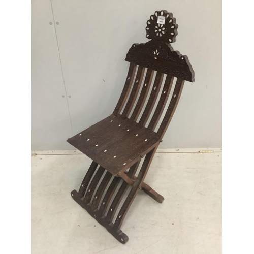 120 - A Damascan inlaid hardwood X frame chair, height 101cm