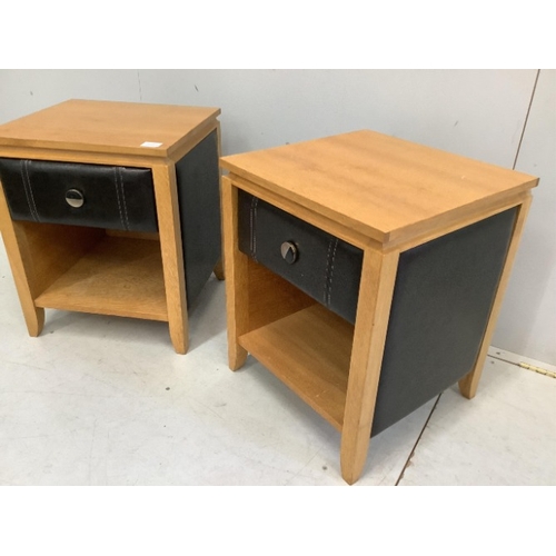153 - A pair of oak and tan leather bedside cabinets, width 45cm, depth 44cm, height 56cm