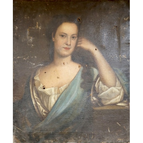 704 - Manner of Michael Dahl (Swedish, 1659-1743), oil on canvas, portrait of a lady, unframed, holes to c... 