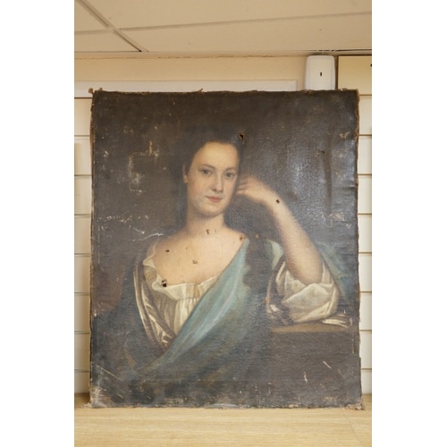 704 - Manner of Michael Dahl (Swedish, 1659-1743), oil on canvas, portrait of a lady, unframed, holes to c... 