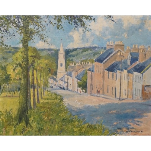 706 - J. Henderson, mid century oil on board, Street scene, signed and dated '67, unframed.