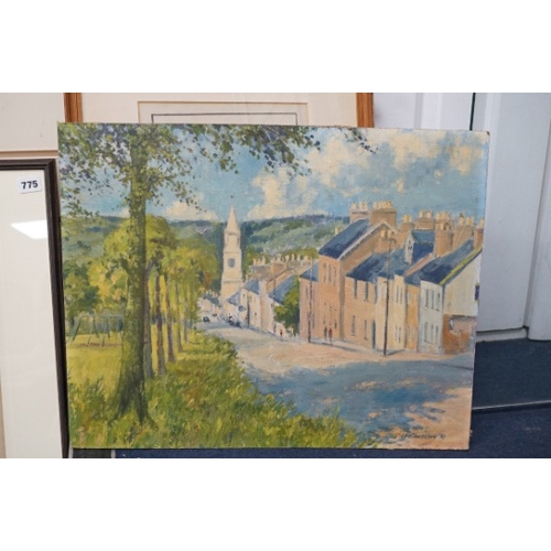 706 - J. Henderson, mid century oil on board, Street scene, signed and dated '67, unframed.