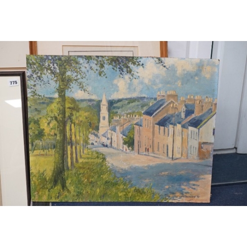 706 - J. Henderson, mid century oil on board, Street scene, signed and dated '67, unframed.