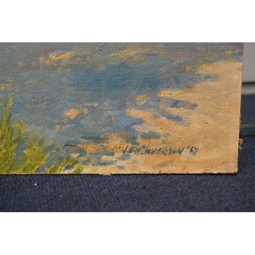 706 - J. Henderson, mid century oil on board, Street scene, signed and dated '67, unframed.