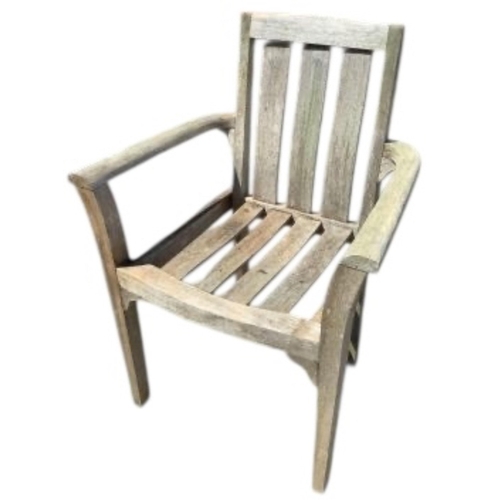 75 - Six Sherwood teak elbow chairs, a weathered teak oval extending garden table, 181cm extended, depth ... 