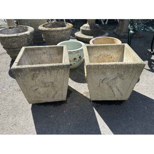8 - A pair of square reconstituted stone garden planters, width 44cm, height 44cm