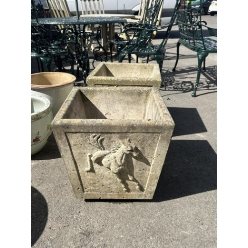 8 - A pair of square reconstituted stone garden planters, width 44cm, height 44cm