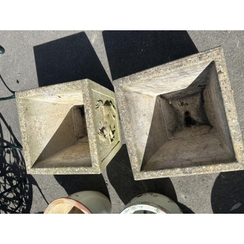 8 - A pair of square reconstituted stone garden planters, width 44cm, height 44cm