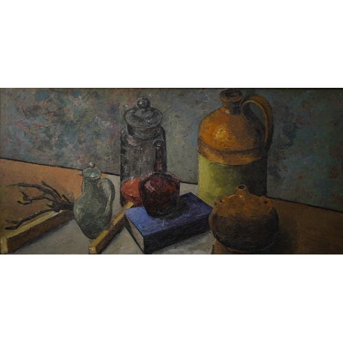 161 - § Clarisse Loxton-Peacock, later Lady Dunnett. (Hungarian, 1926-2004) 
Still life of bottles, a book... 