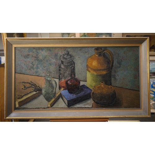 161 - § Clarisse Loxton-Peacock, later Lady Dunnett. (Hungarian, 1926-2004) 
Still life of bottles, a book... 