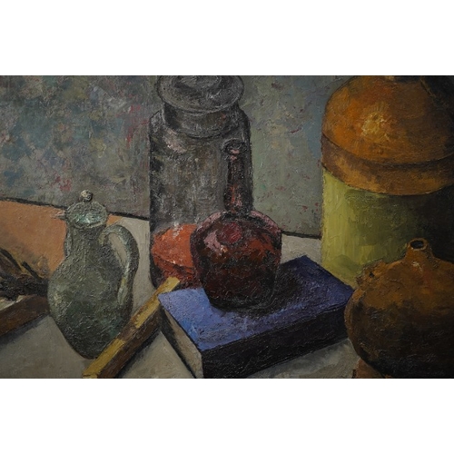 161 - § Clarisse Loxton-Peacock, later Lady Dunnett. (Hungarian, 1926-2004) 
Still life of bottles, a book... 