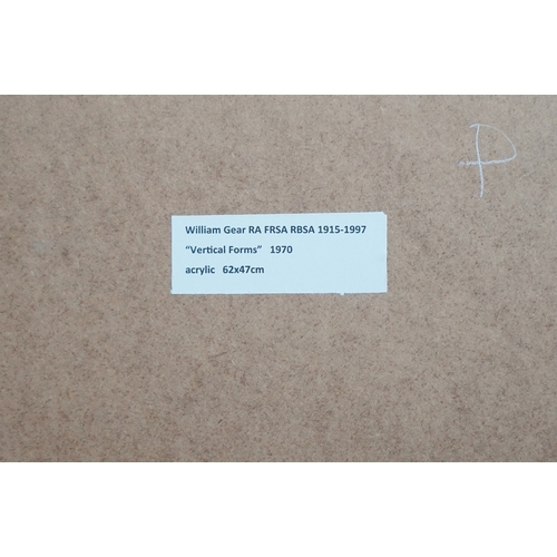 57 - § William Gear RA RBSA  (1915-1997)'Vertical Forms, 1970',signed and dated lower right,acrylic on pa... 