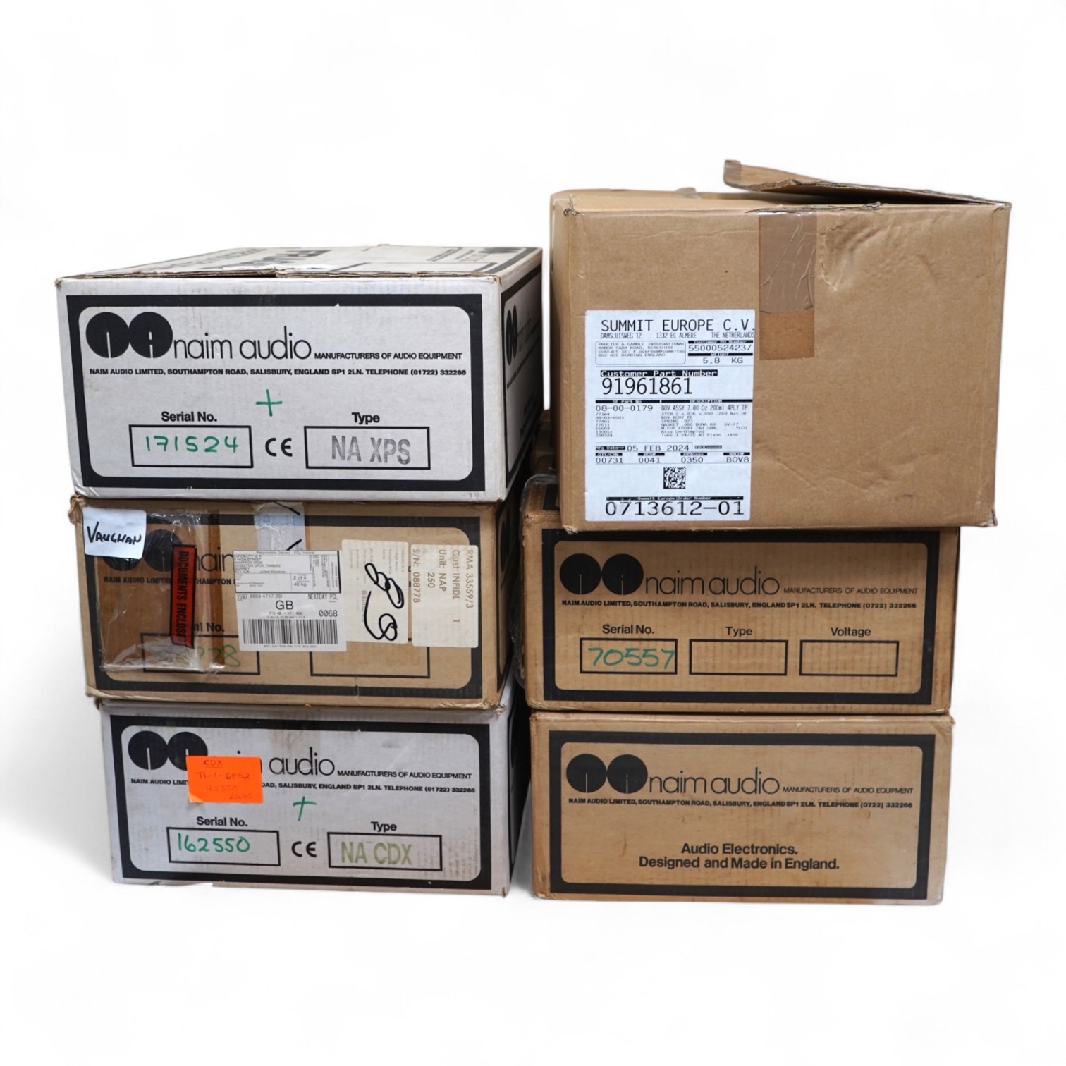 Seven Naim Audio hi-fi separates in original card boxes; a Niam HiCap ...