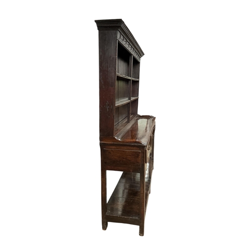 2025 - An 18th century oak and pine potboard dresser, with boarded rack, width 169cm, depth 43cm, height 18... 