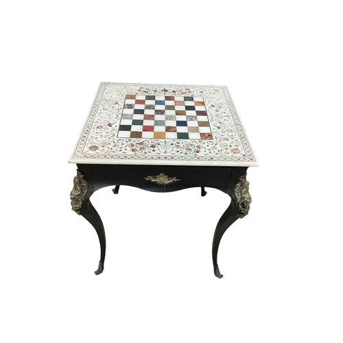 2044 - An Indian specimen marble chess set on an earlier associated gilt metal ebonised stand, width 68cm, ... 