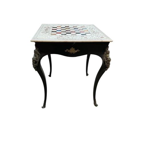 2044 - An Indian specimen marble chess set on an earlier associated gilt metal ebonised stand, width 68cm, ... 