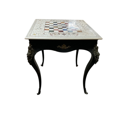 2044 - An Indian specimen marble chess set on an earlier associated gilt metal ebonised stand, width 68cm, ... 
