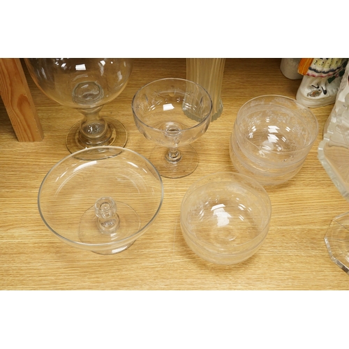 2450 - A group of 19th century and later glass; including a set of finger bowls, a comport and large glass ... 
