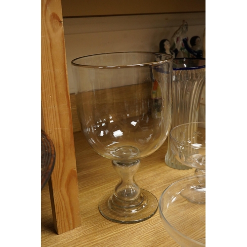 2450 - A group of 19th century and later glass; including a set of finger bowls, a comport and large glass ... 
