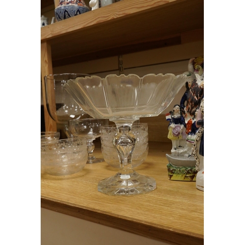 2450 - A group of 19th century and later glass; including a set of finger bowls, a comport and large glass ... 