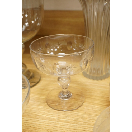 2450 - A group of 19th century and later glass; including a set of finger bowls, a comport and large glass ... 