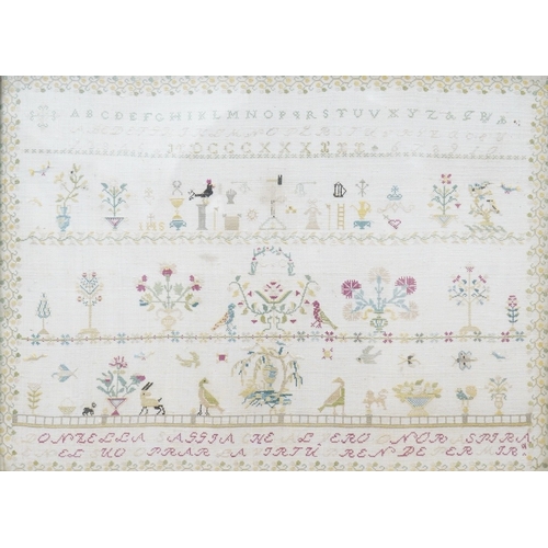 2462 - An unusual Ligurian Italian finely embroidered 19th century sampler. Worked with a verse below of ro... 