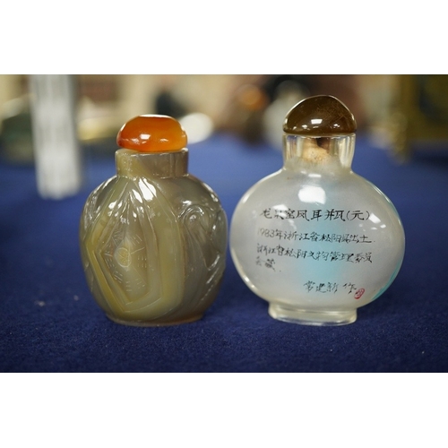 2469 - A Chinese carved agate snuff bottle and an inside painted snuff bottle, tallest 6cm