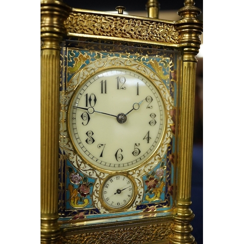 2470 - An early 20th century champleve enamel repeating carriage clock with subsidiary dial, with key, 19cm... 
