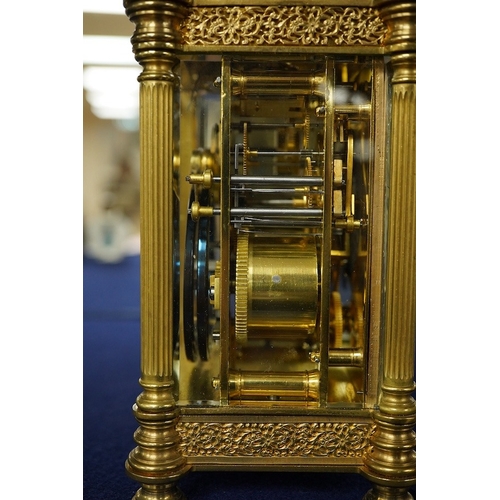2470 - An early 20th century champleve enamel repeating carriage clock with subsidiary dial, with key, 19cm... 