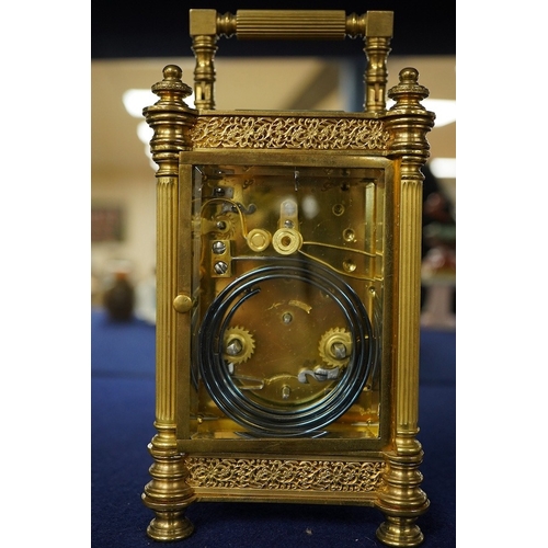 2470 - An early 20th century champleve enamel repeating carriage clock with subsidiary dial, with key, 19cm... 