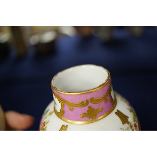 2475 - A pair of 19th century Sevres style vases and covers, marked rubbed, 15cm