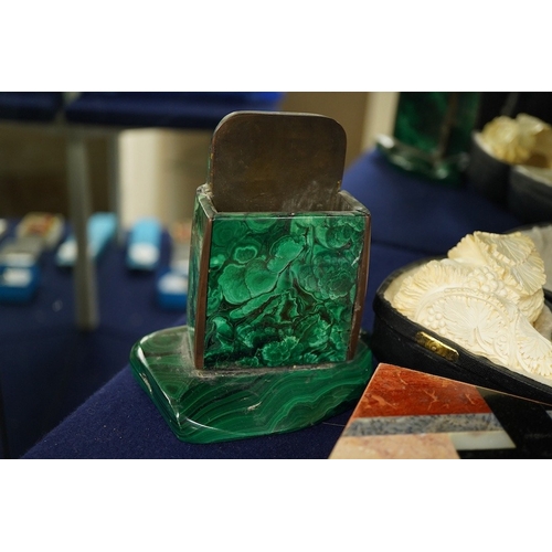 2482 - A cased Meersham pipe, a malachite pen rack and an Art Deco mineral box