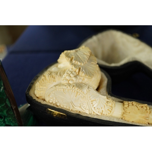 2482 - A cased Meersham pipe, a malachite pen rack and an Art Deco mineral box