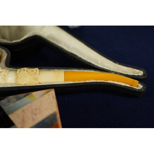 2482 - A cased Meersham pipe, a malachite pen rack and an Art Deco mineral box