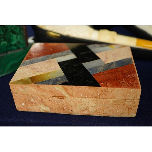 2482 - A cased Meersham pipe, a malachite pen rack and an Art Deco mineral box