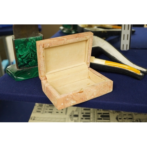 2482 - A cased Meersham pipe, a malachite pen rack and an Art Deco mineral box